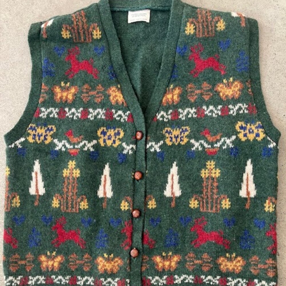 United Colors of Benetton Shetland Wool Sweater Vest Wm Sm Fair isleWinter scene